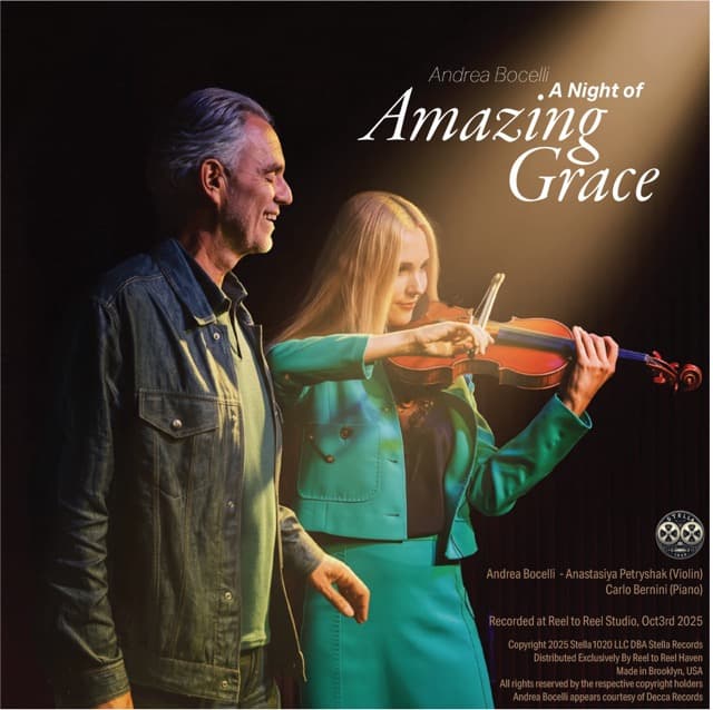 Andrea Bocelli and Anastasiya Petryshak performing, with Bocelli in denim jacket and Petryshak in turquoise suit playing violin against dramatic lighting