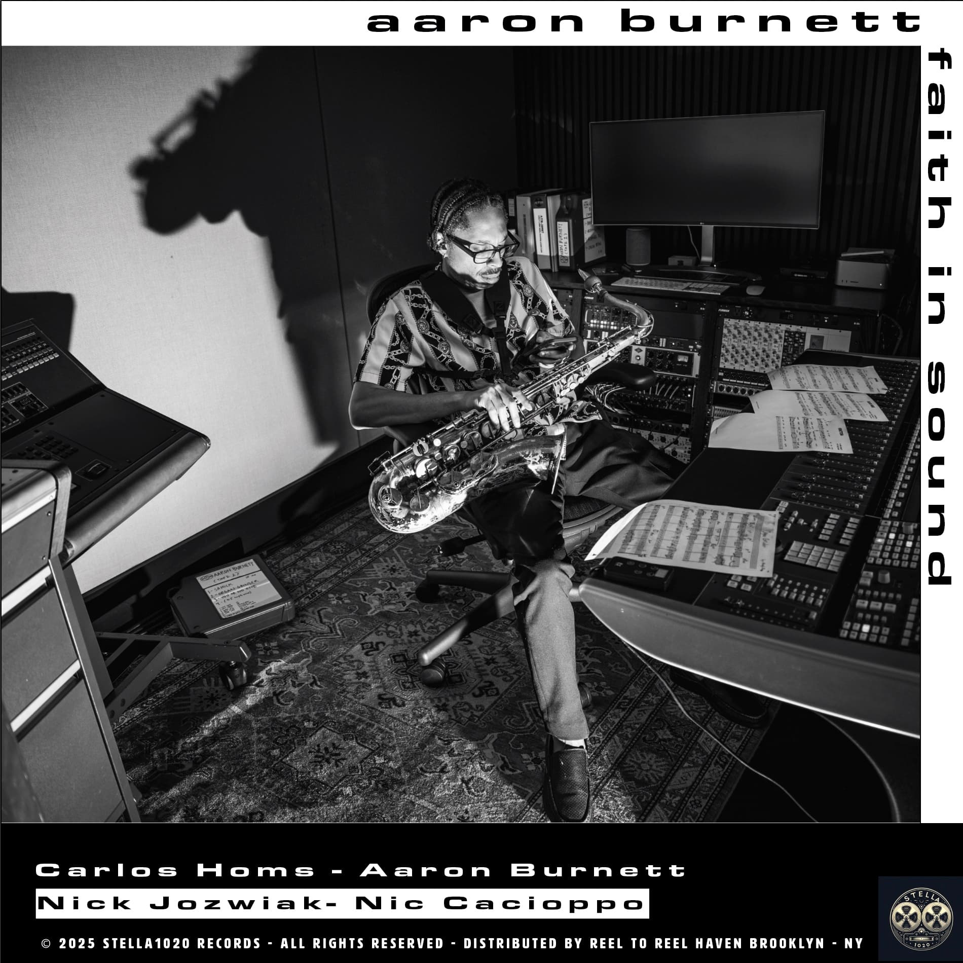 Aaron Burnett playing saxophone with headphones in recording studio control room, surrounded by mixing equipment and music sheets in black and white